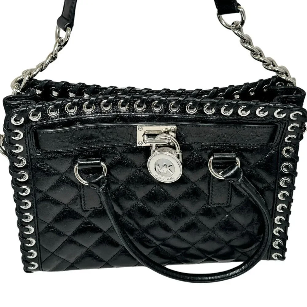 Michael Kors Hamilton Hippie Grommet Quilted Tote Black & Silver 12.5 x 9‎